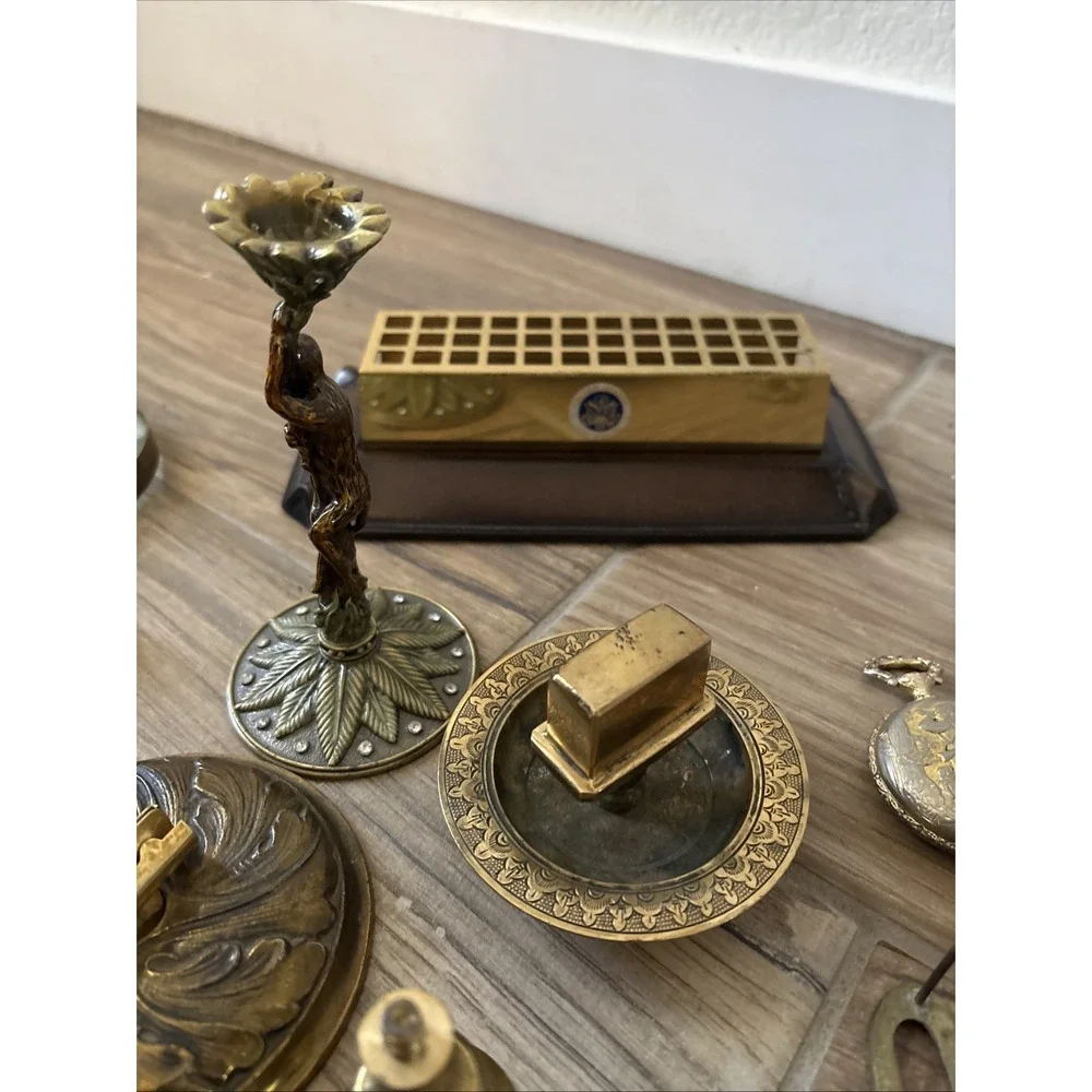 Vintage Brass Random Lot Figurines Clocks, Eagle Pendant, Magnifying Glass
